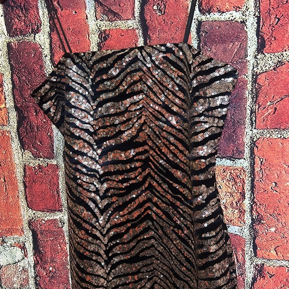 DOLLS KILL MOTEL SEQUIN TIGER STRIPE BLACK VELVET & GOLD MINI DRESS size Small - Picture 6 of 15